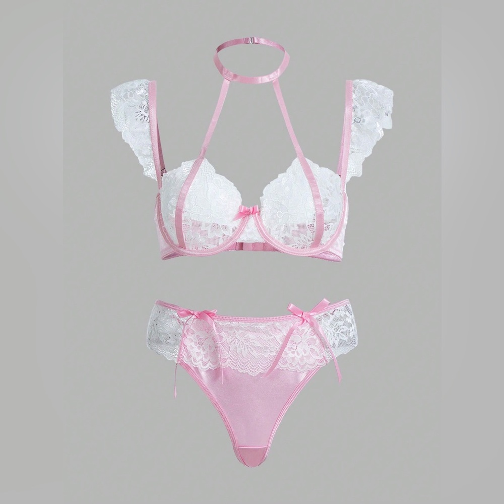 Brand New with Tag Elegant Chocker Style Pink and White Lace Lingerie Set
